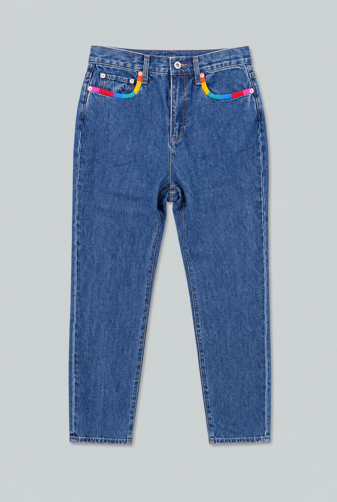 Embroidered Straight Leg Denim - Medium Blue