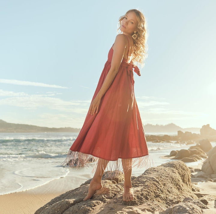 Gavin Beaded Fringe Midi Dress - Rhubarb