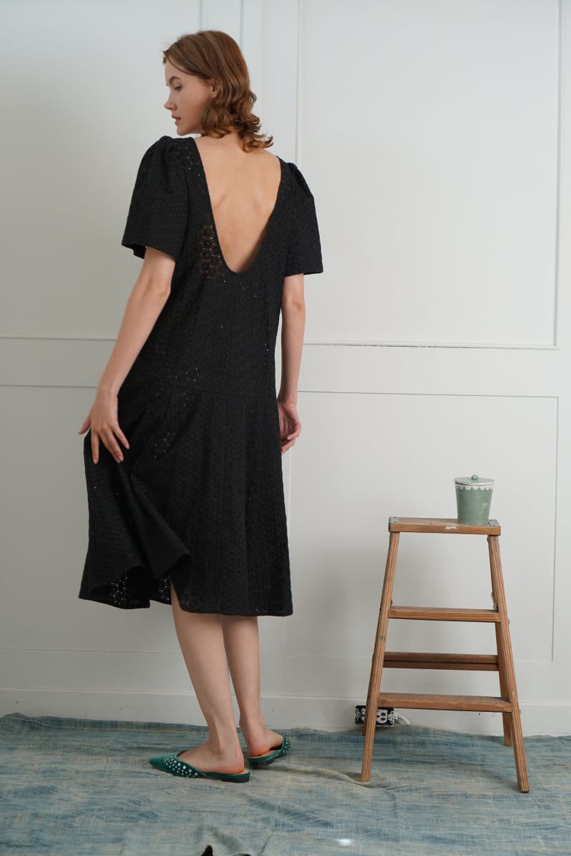Embroidered Cotton Chloe Dress - Black