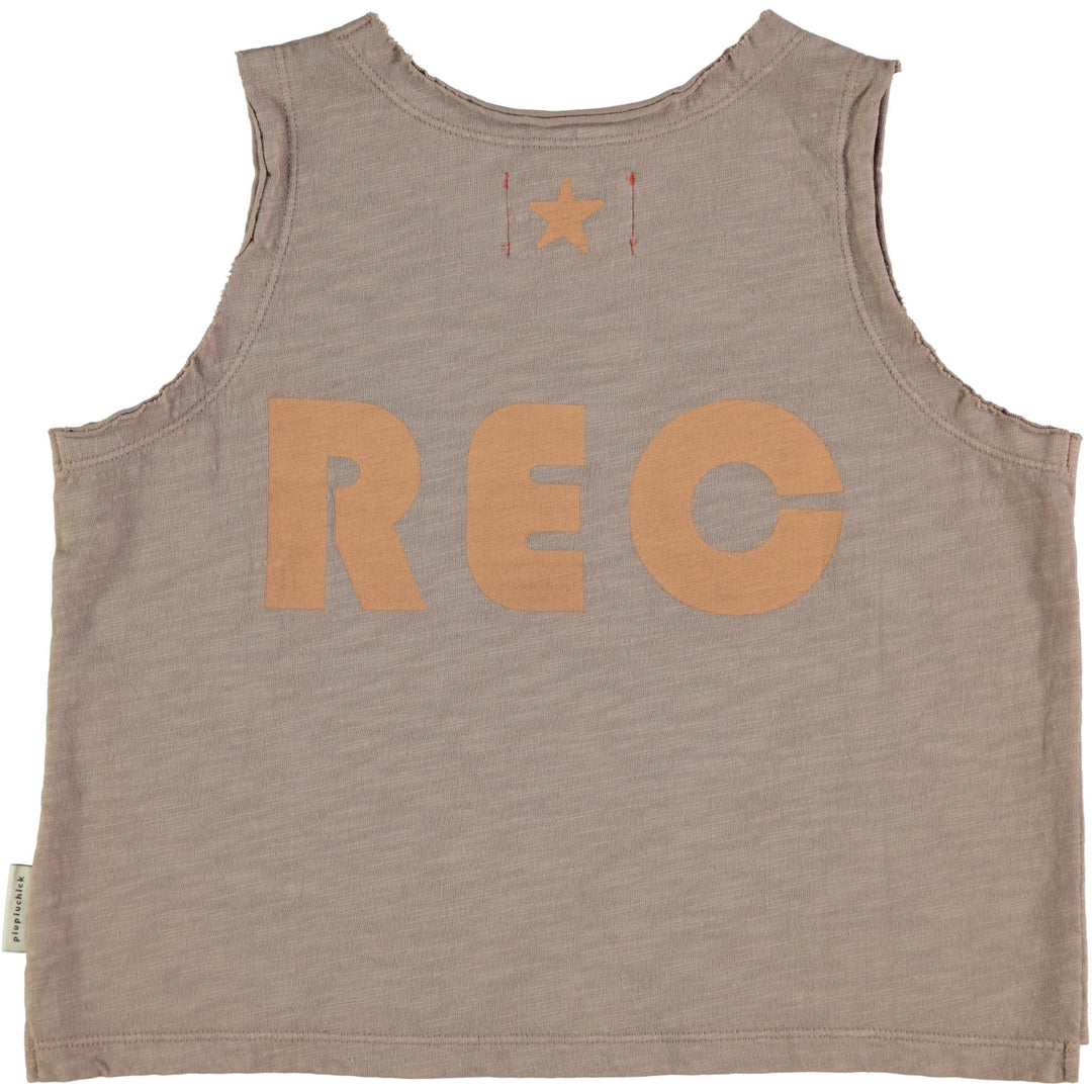 Unisex Sleeveless T-Shirt - Taupe w/Peach "Rec" Print