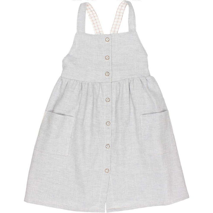 Button Front X-Back Linen Twill Dungaree Dress with Pockets - Jeans Denim Dresses + Skirts Buho 