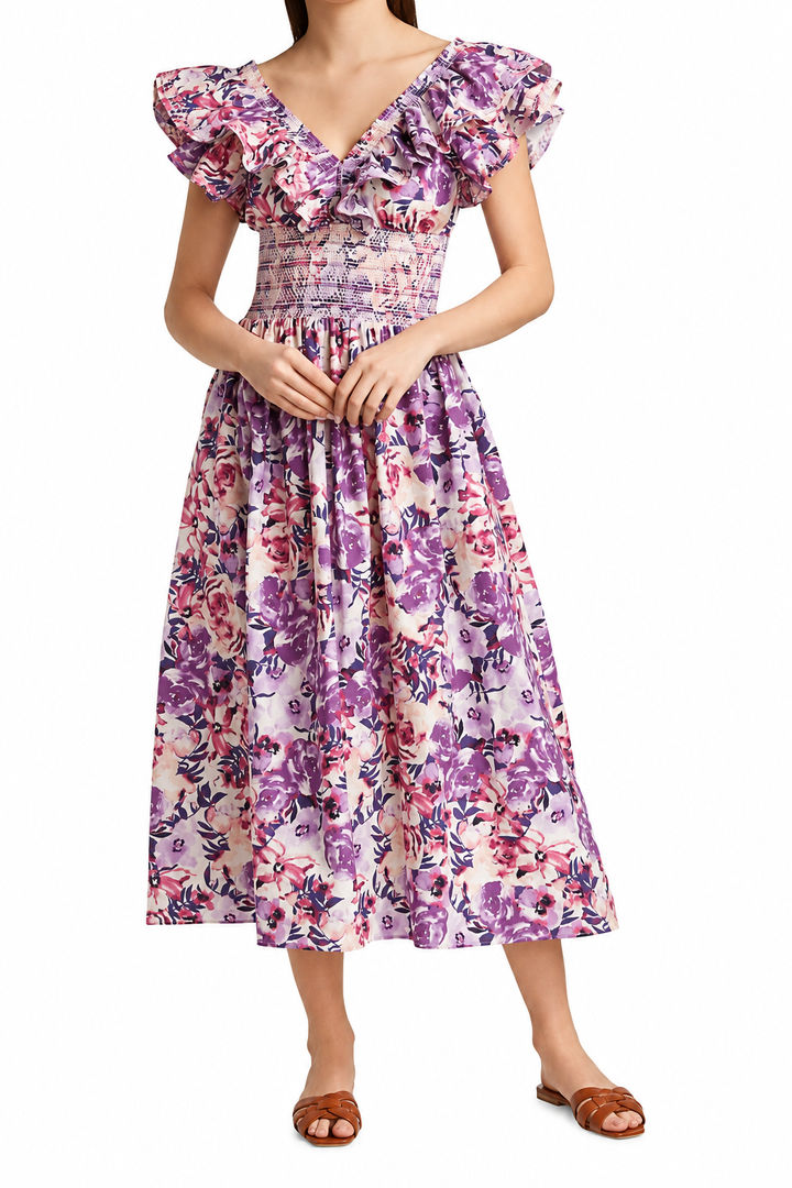 Smocked Floral Midi Dress - Purple Combo