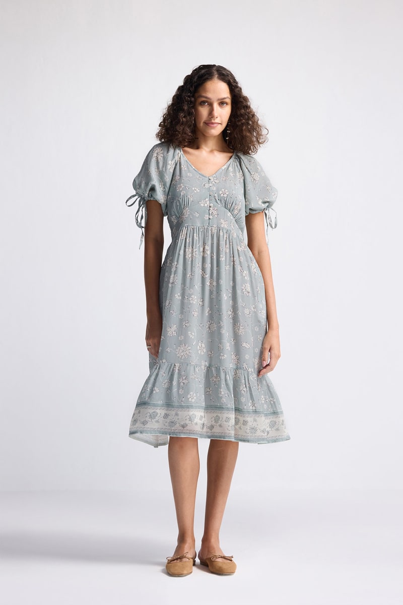 Puff Sleeve Midi Dress - Serene Symphony