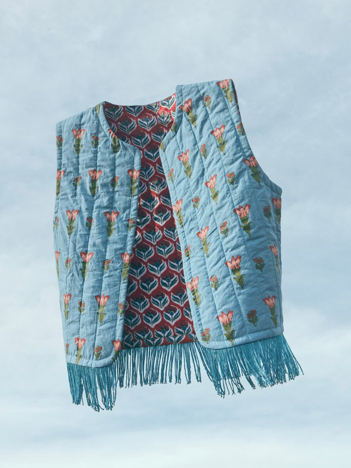 Ashlee Reversible Quilted Fringe Vest - French Blue/Punch Blossom Floral & Carmine/Crimson Floral