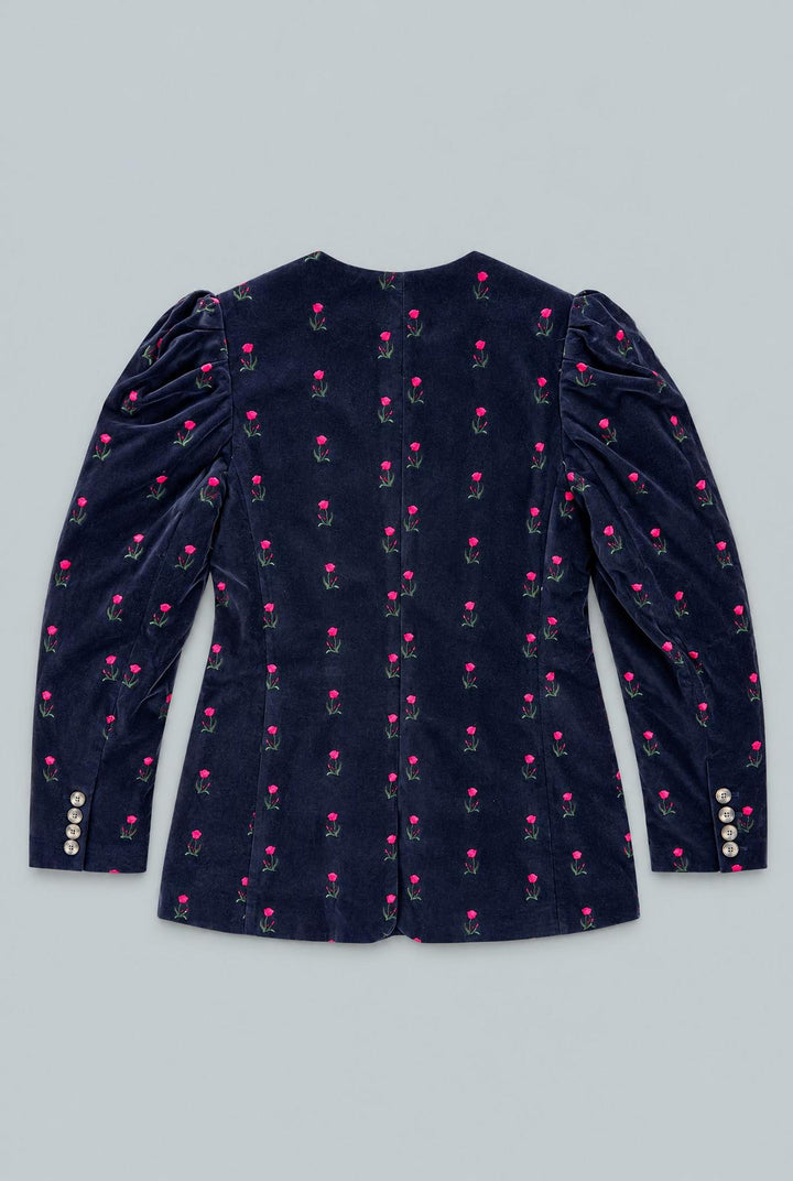Velvet Puff Shoulder Blazer - Navy