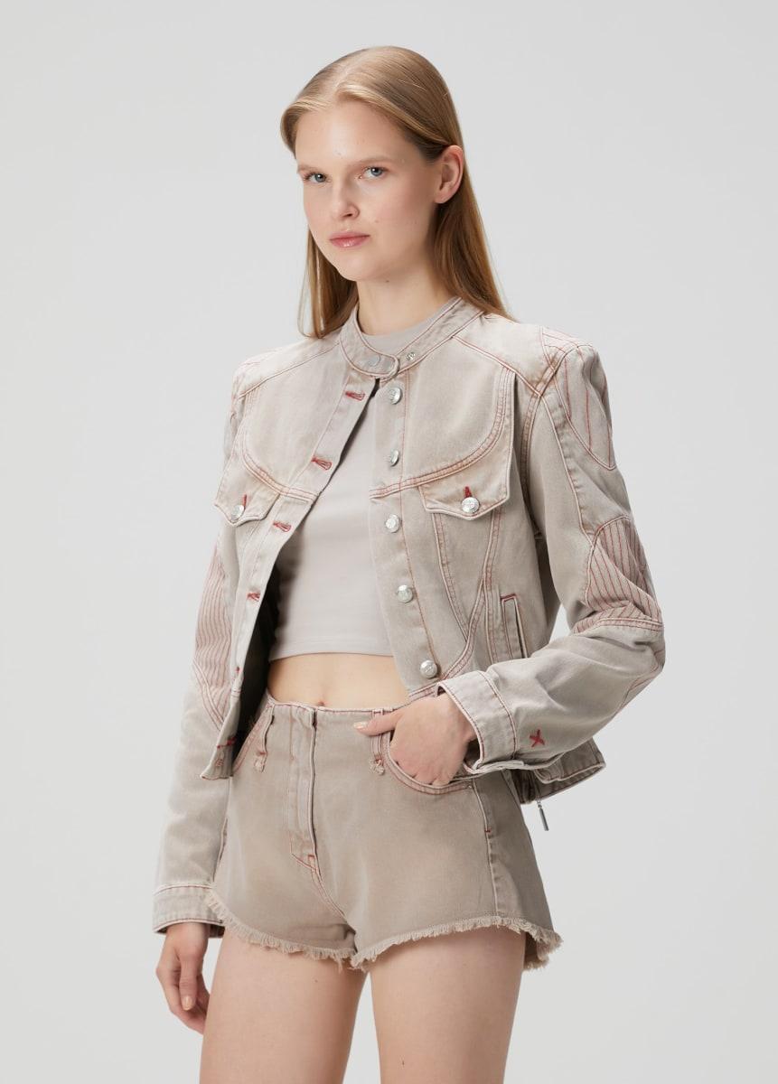 Pure Cotton Faded Motorcycle Denim Jacket - Moon Rock