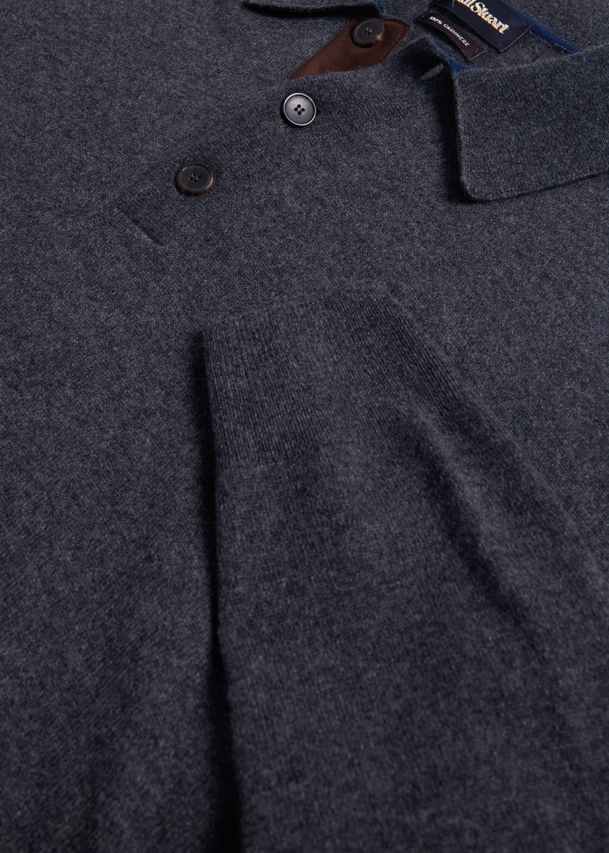 Cashmere Polo with Suede Trim - Grey