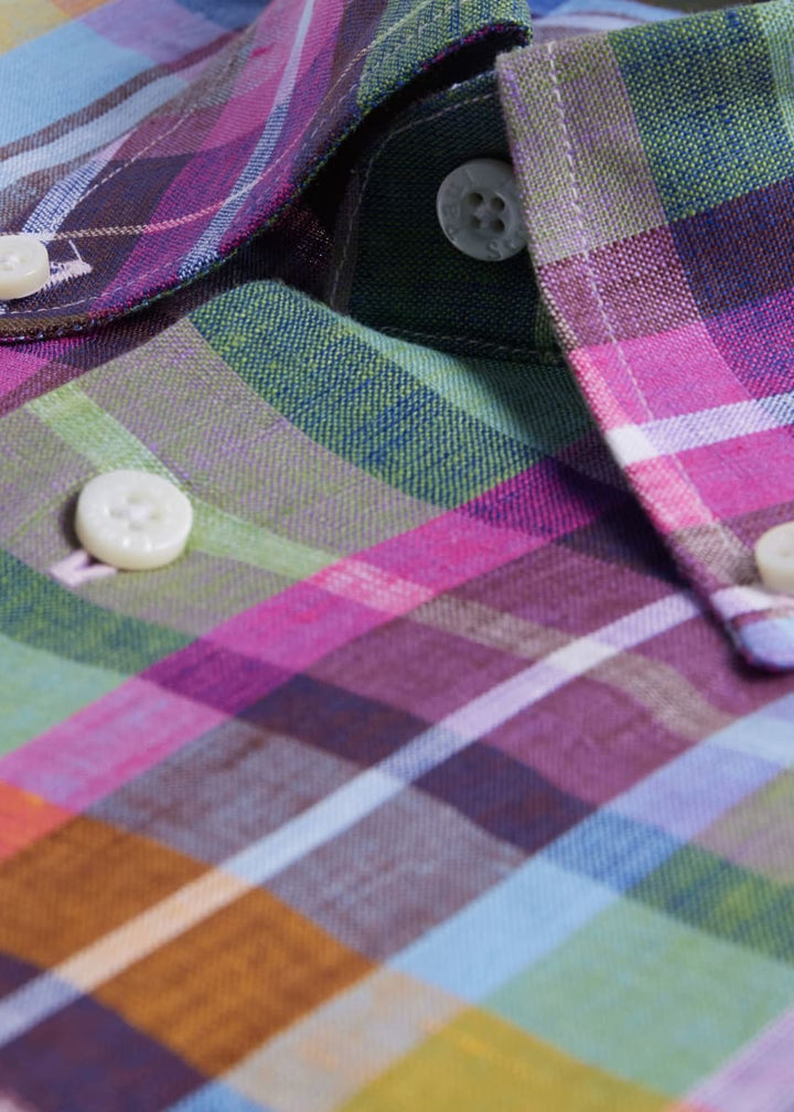 Linen Multicolor Plaid Sport Shirt - Green/Pink