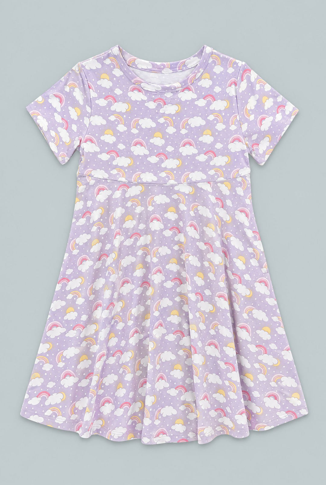 Lavender Rainbows And Clouds Cap Sleeve Swirly Girl Dress - Rainbow Clouds