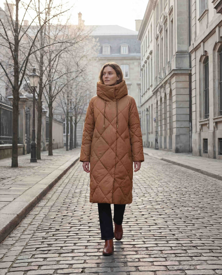 Long Quilted Down Coat - Biscuit