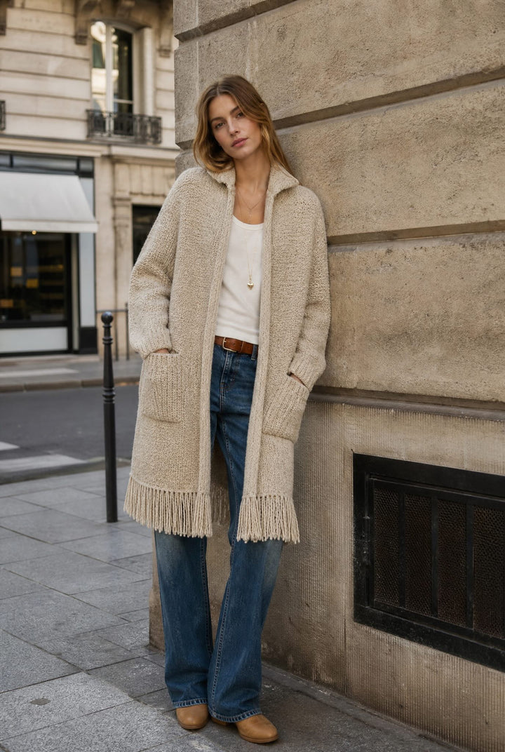 Long Hooded Cardigan With Fringe - Tan