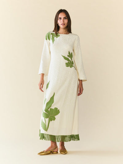 Ariana Dress - Ivory With Green Applique
