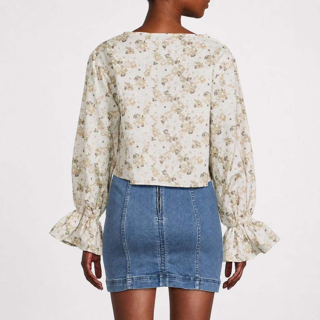 Cropped Floral Blouse With Cinched Sleeves - Tan Combo