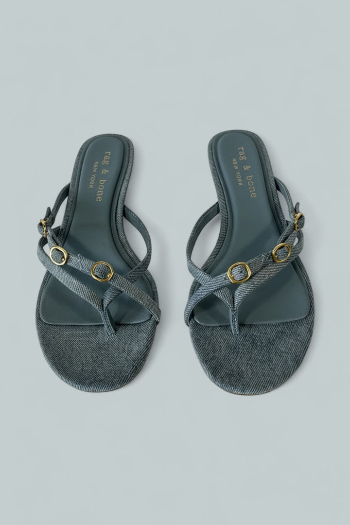 Sammie Denim Buckle Kitten-Heel Sandals - Lwdnm