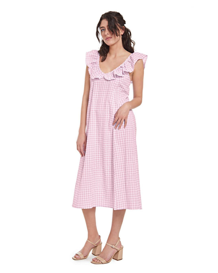 Erin Ruffle Midi Dress - Pink Gingham