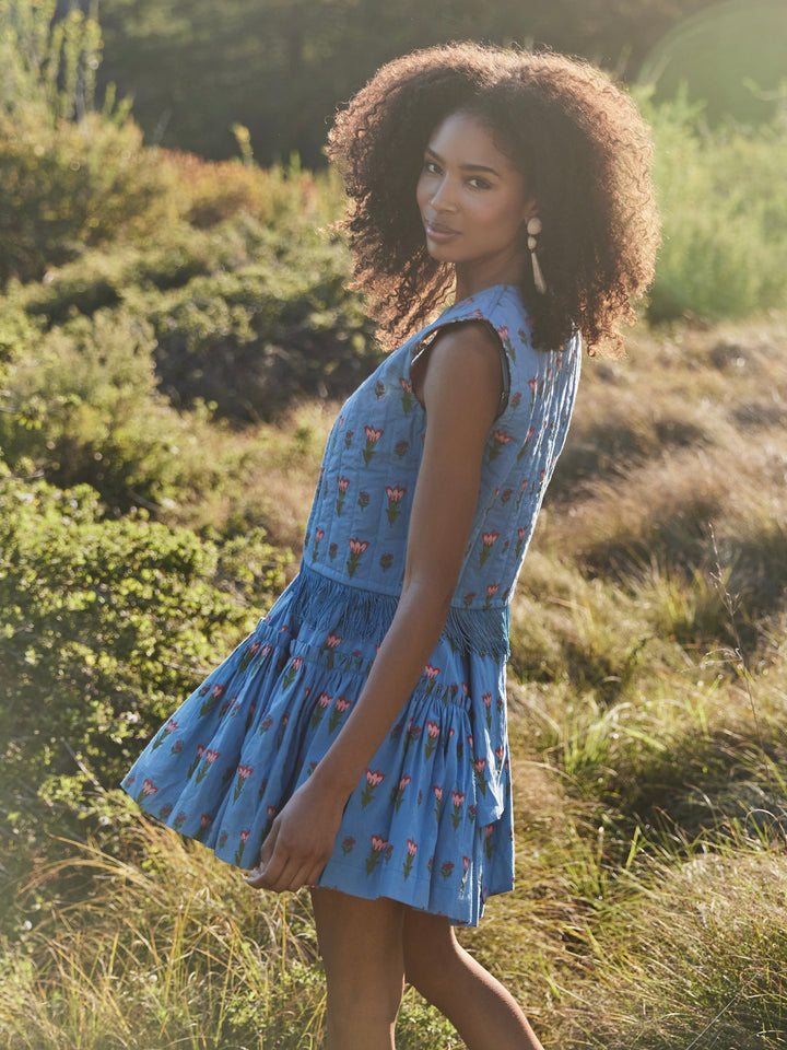 Ashlee Reversible Quilted Fringe Vest - French Blue/Punch Blossom Floral & Carmine/Crimson Floral