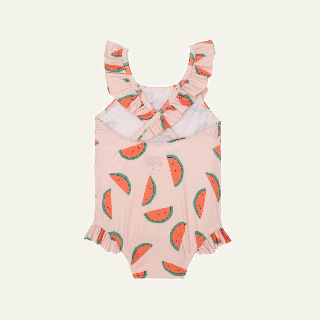 Recycled Polyester Watermelon Slices Ruffle Baby Swimsuit - Sepia Rose/multi