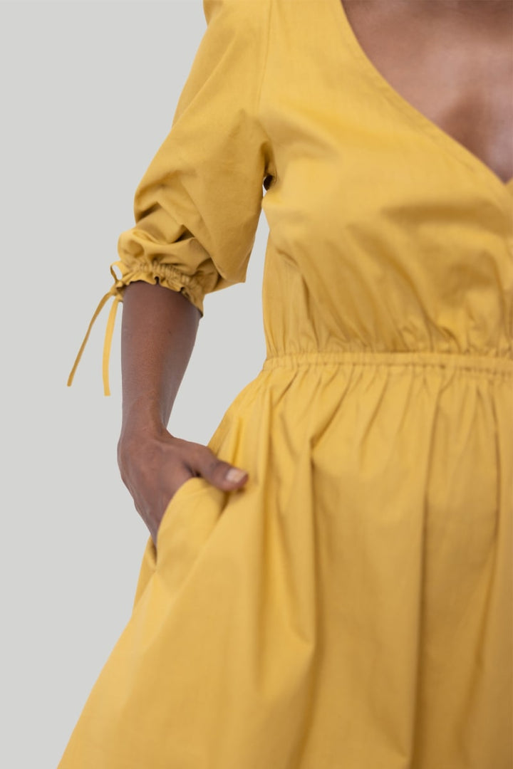 Gathered Elbow Sleeve Short Dress - Tuscan Sun