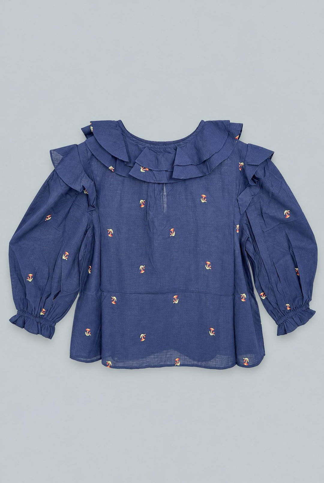 Embroidered Ruffle Top - Navy