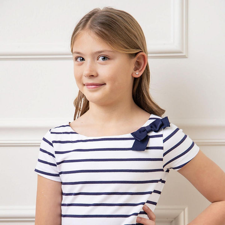 Short Sleeve Organic Knit Skater Dress - White and Navy Stripe