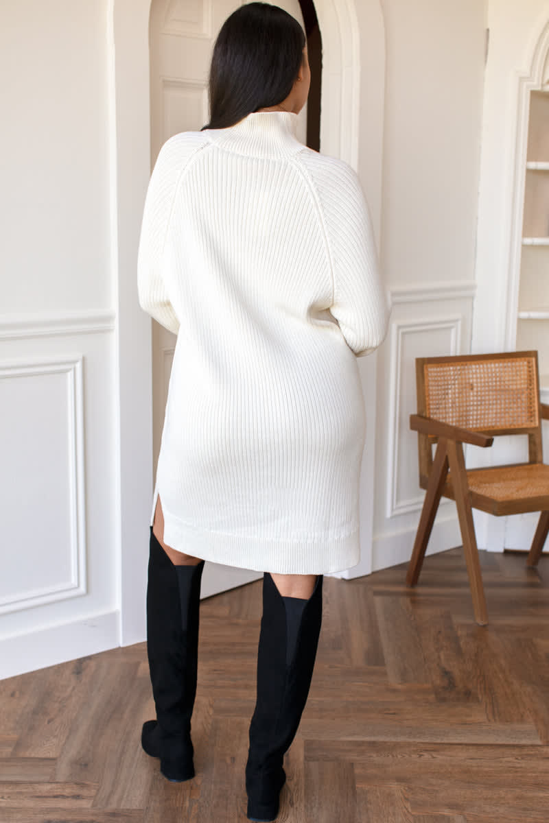 Ry Funnel Rib Knit Sweater Dress - Ivory Organic