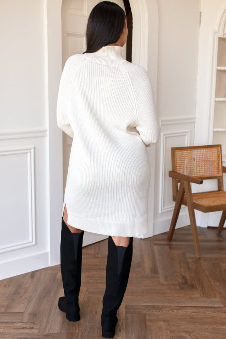 Ry Funnel Rib Knit Sweater Dress - Ivory Organic