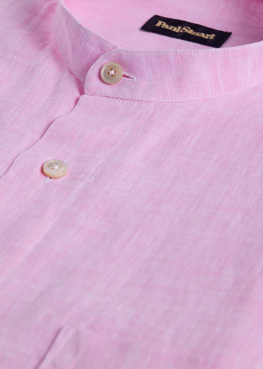 Washed Linen Stand Collar Shirt - Pink