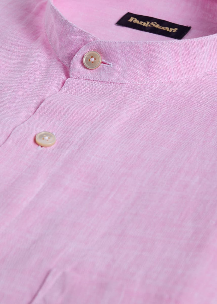 Washed Linen Stand Collar Shirt - Pink