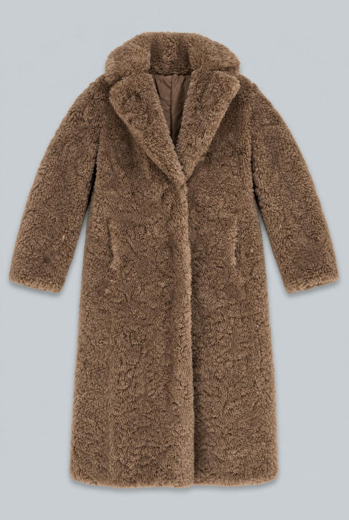 Faux Fur Belted Coat - Brown