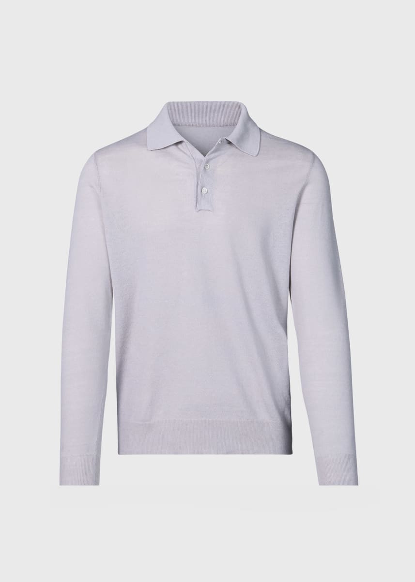 Linen & Cotton Long Sleeve Polo - Light Silver