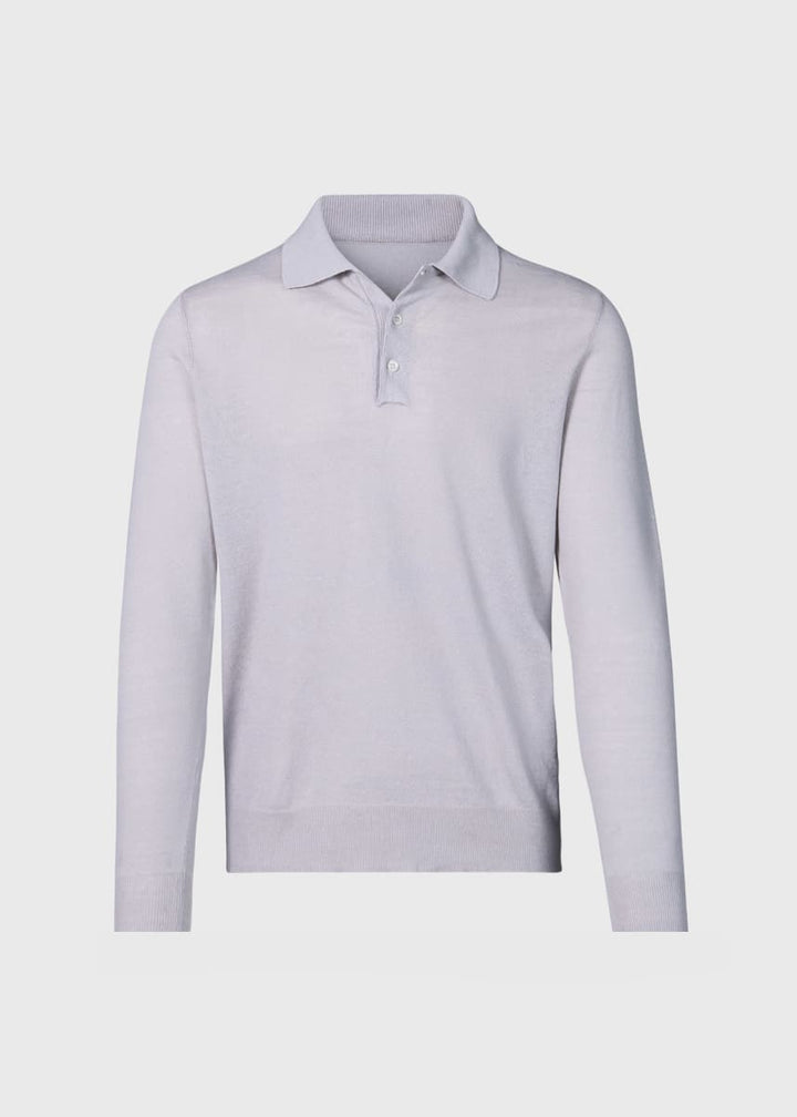 Linen & Cotton Long Sleeve Polo - Light Silver