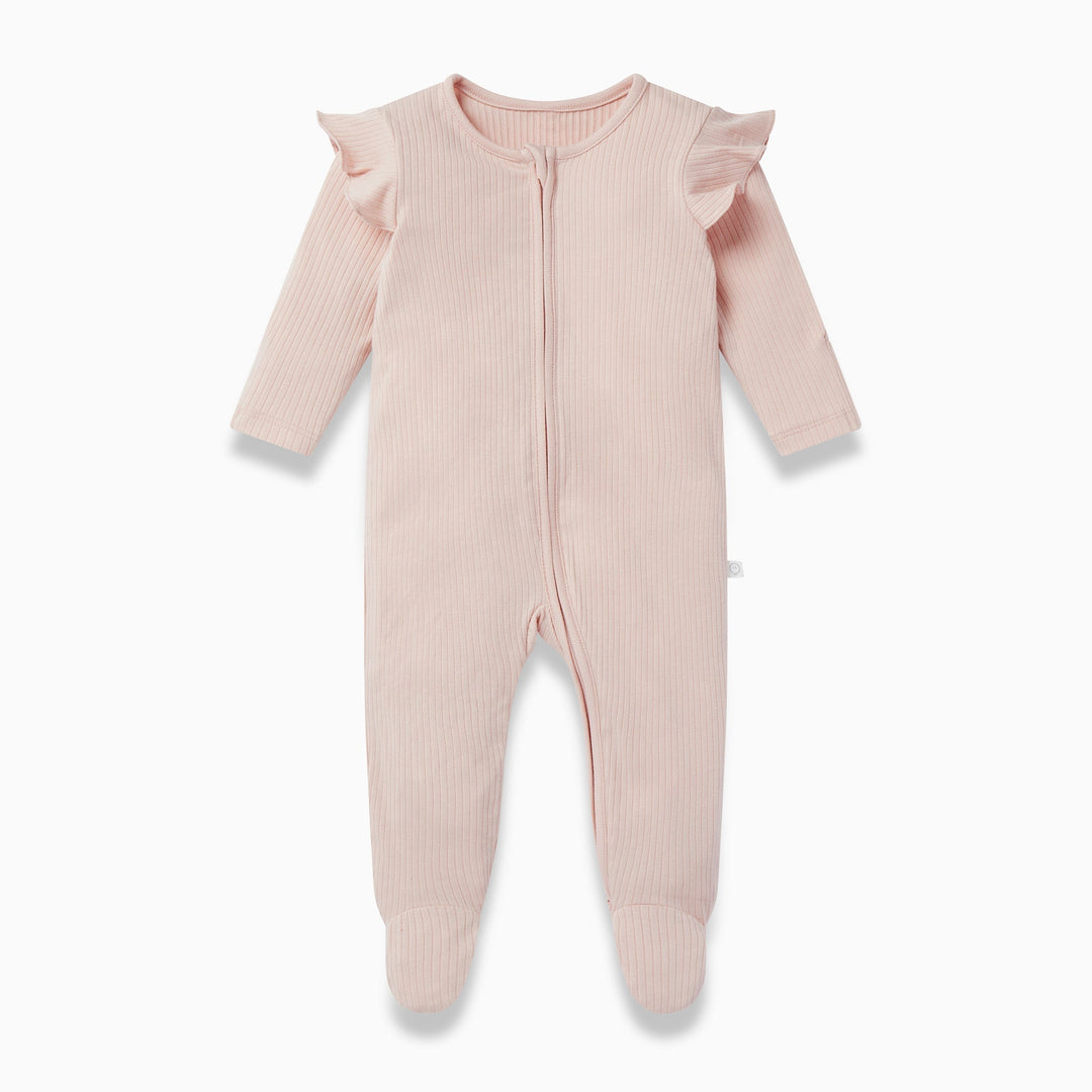 Ribbed One Way Zip-Up Sleepsuit - Blush Frill