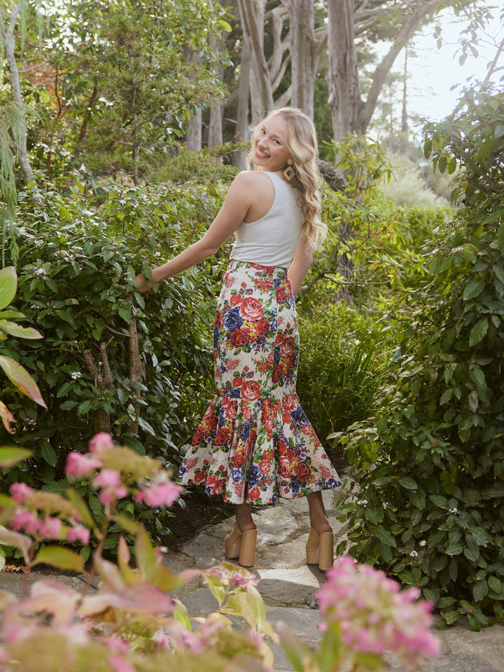 Patsy Fluted Pencil Skirt - Dove White/Multicolor Blooming Floral