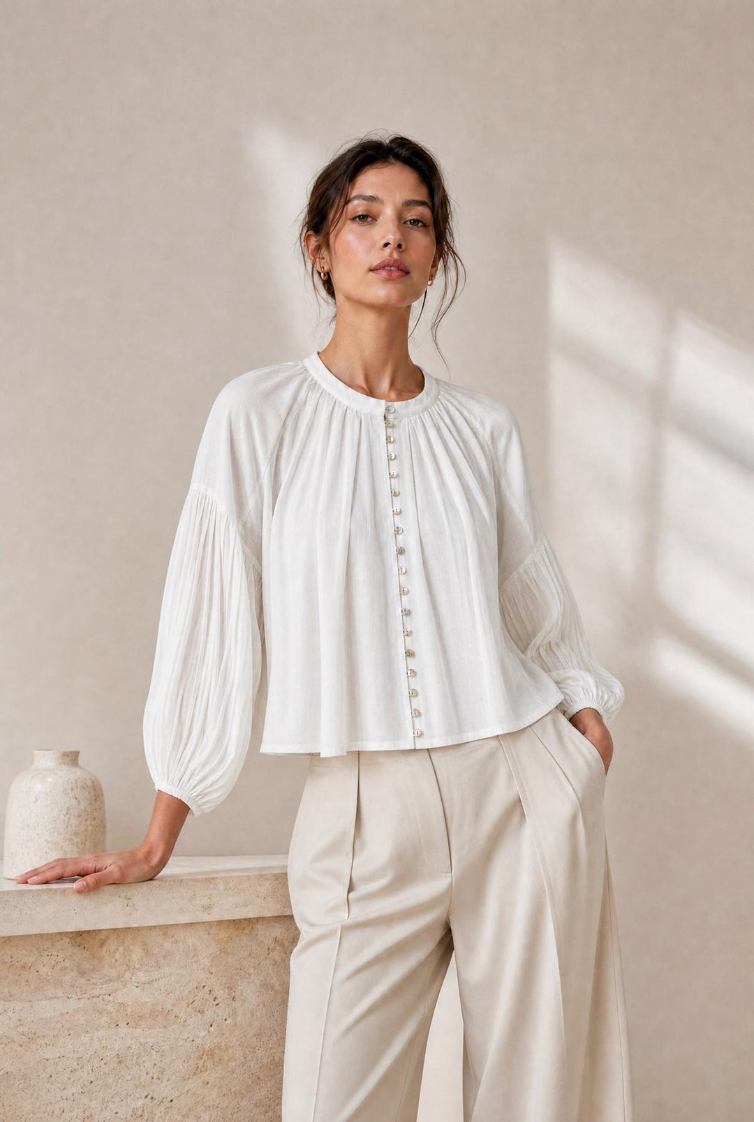 Long Sleeve Flowy Button Up - White