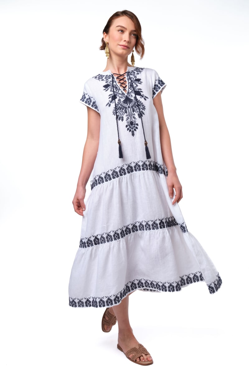 Coralie Dress - White/Navy Embroidery