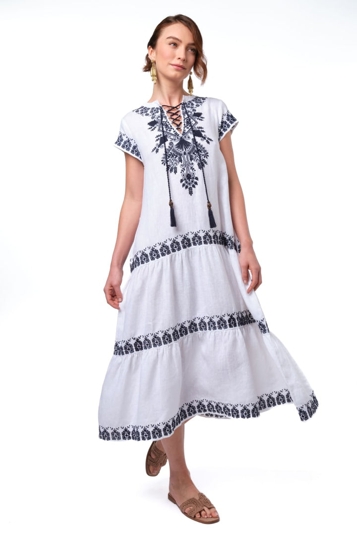 Coralie Dress - White/Navy Embroidery
