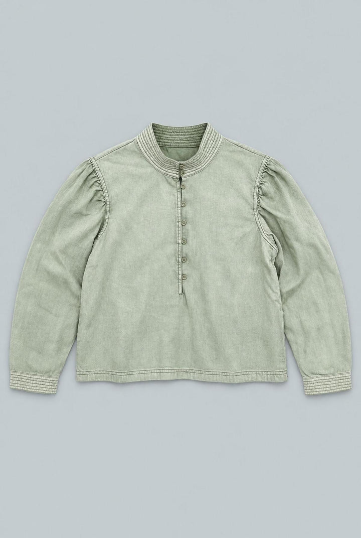 Puff Sleeve Chambray Blouse - Sage