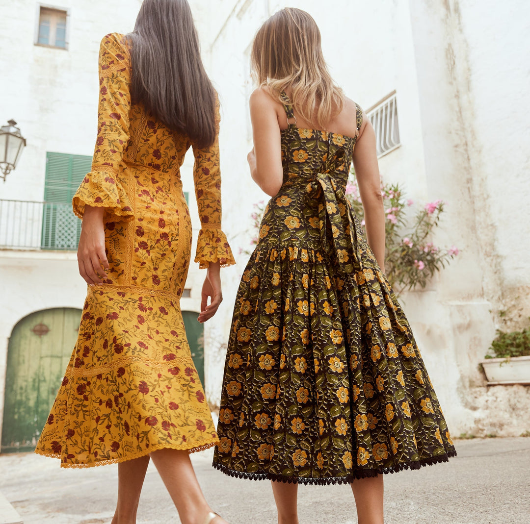 Tina Fluted Pencil Dress - Golden Marguerite & Chili Floral print