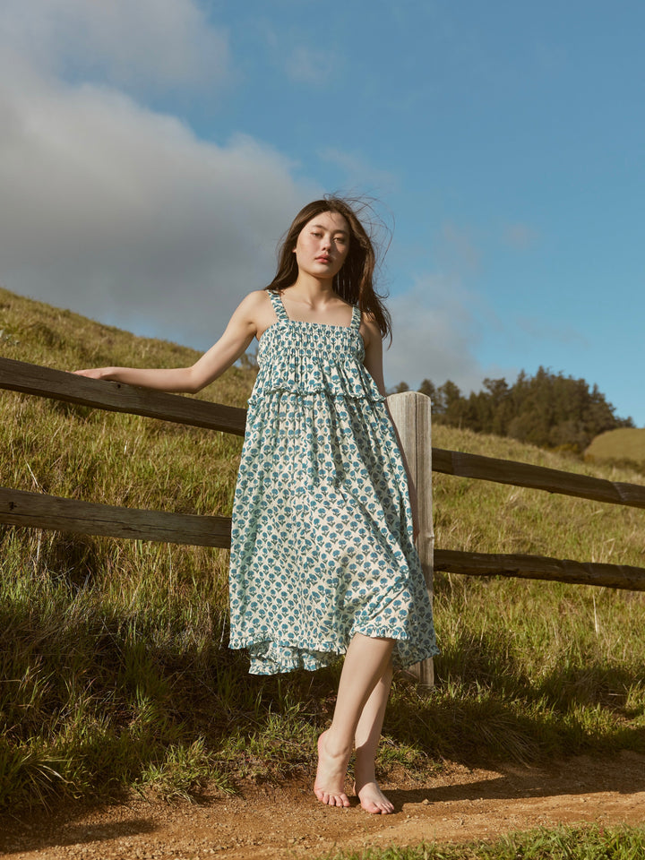 Gwen Ruffled Midi Nightgown - Ivory & Blue Bell