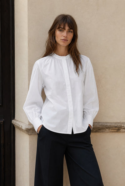 Mock Neck Button Up - White