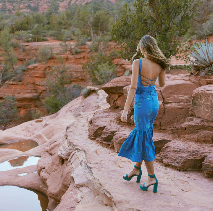 Brook Embroidered Fringe Tie Top - Prussian Blue/Placed Floral Embroidery
