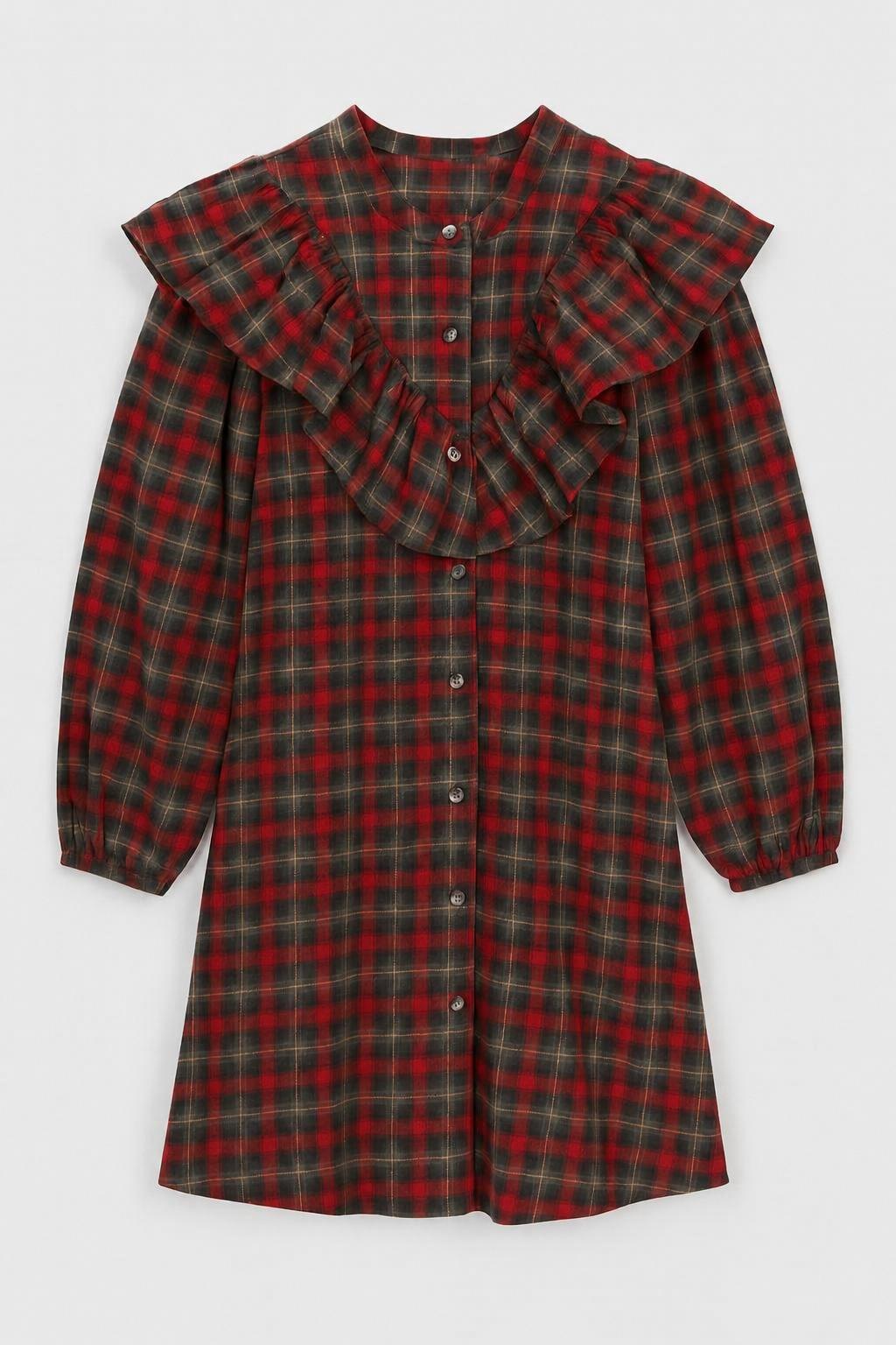 Plaid Ruffle Button Up Dress - Red Combo