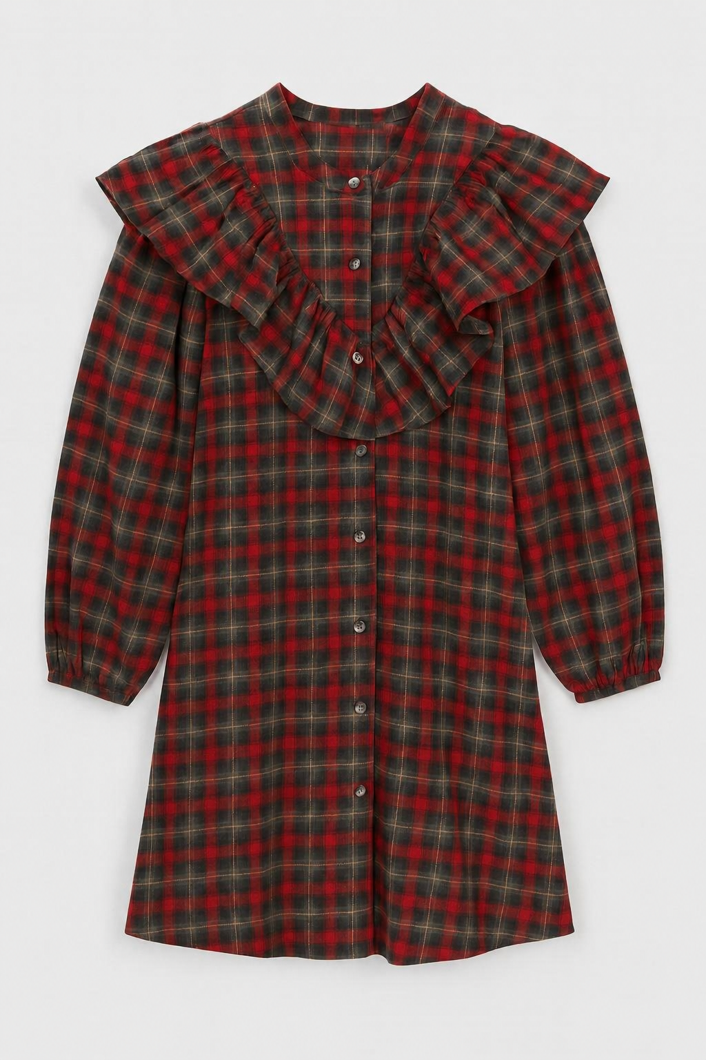 Plaid Ruffle Button Up Dress - Red Combo