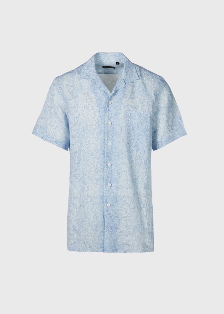 Linen Paisley Print Camp Shirt - Light Blue - Collared Shirt