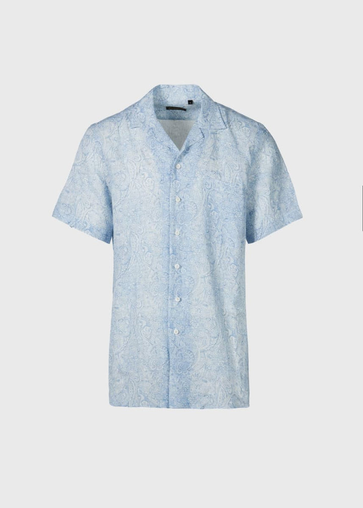 Linen Paisley Print Camp Shirt - Light Blue - Collared Shirt