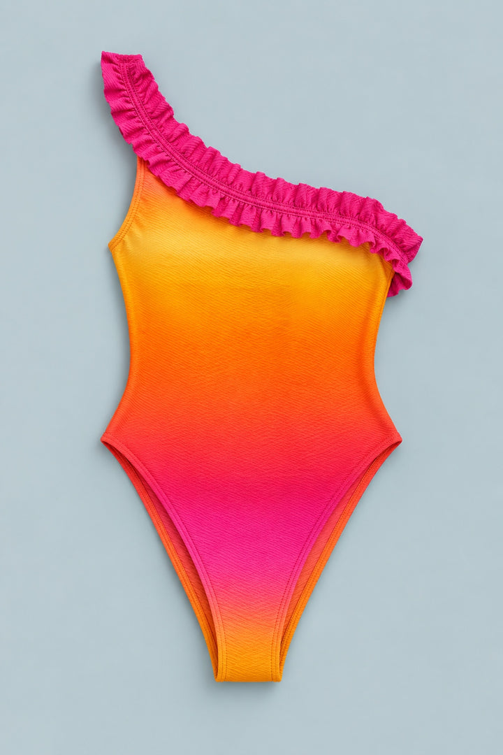 One Shoulder Ruffle One Piece - Pink Combo