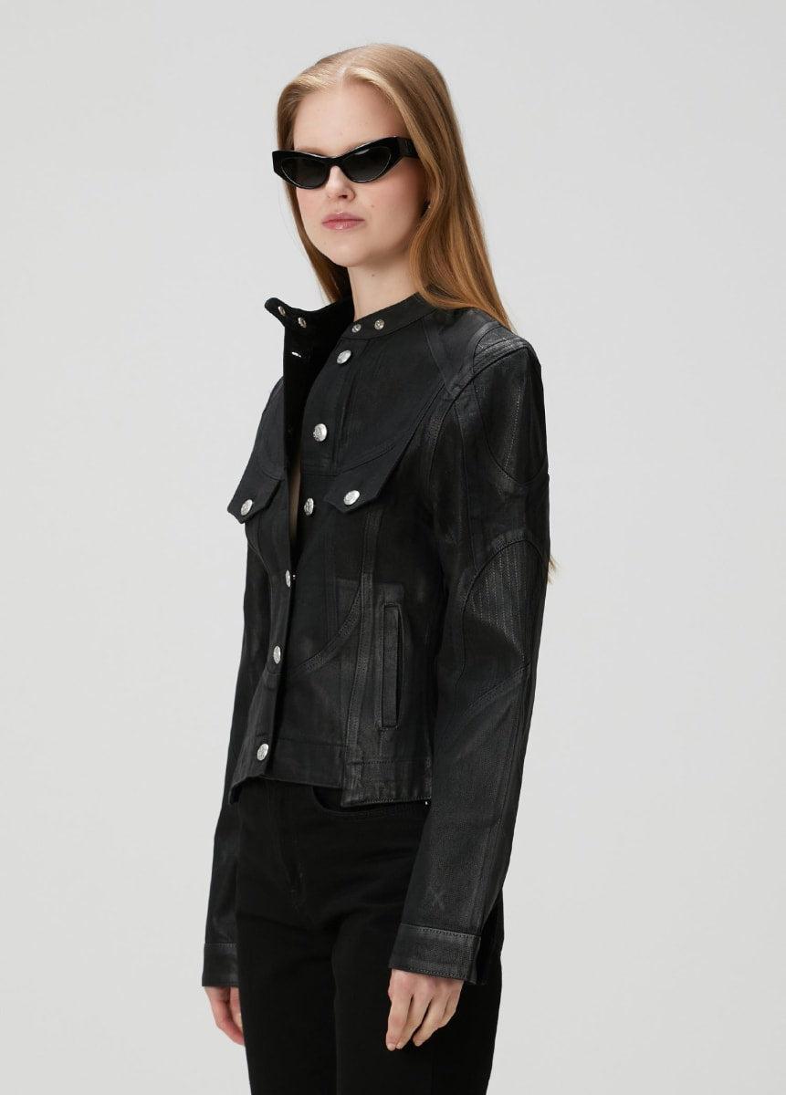 Pure Cotton Shiny Coated Women Denim Jacket - Black