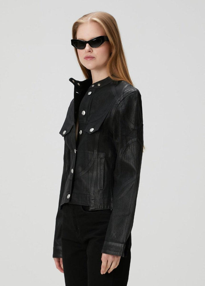 Pure Cotton Shiny Coated Women Denim Jacket - Black