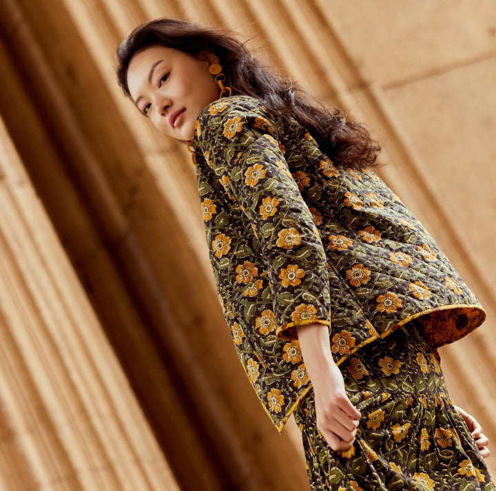 Nancy Reversible Quilted Jacket - Golden Marguerite/Chili Floral Print & Faded Black/Golden Floral Prints