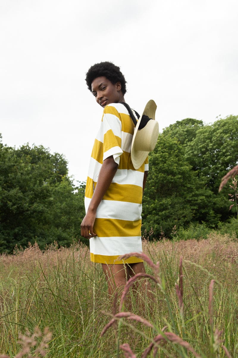 Sasha-Sue Organic Cotton Dress - Olive and White Bold Stripe